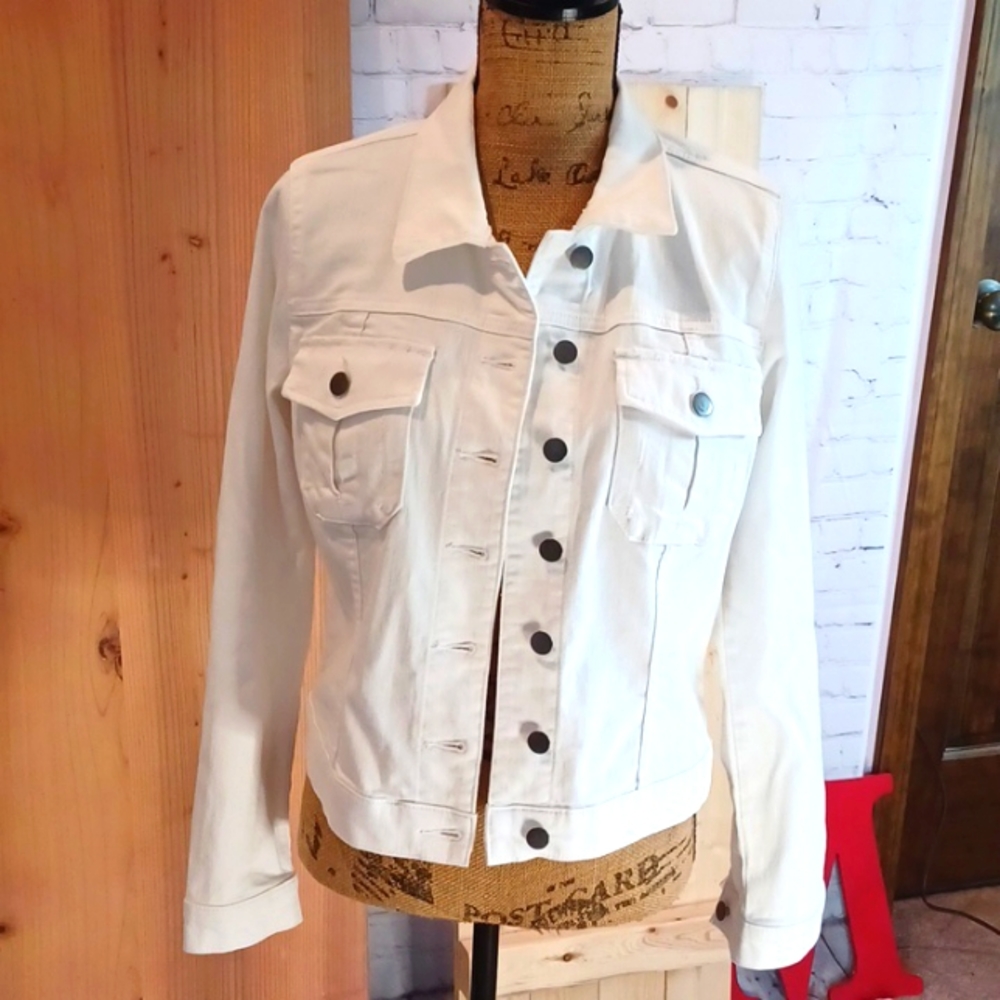 KUT FROM THE KLOTH WHITE STRETCH DENIM JACKET SIZE L EUC
